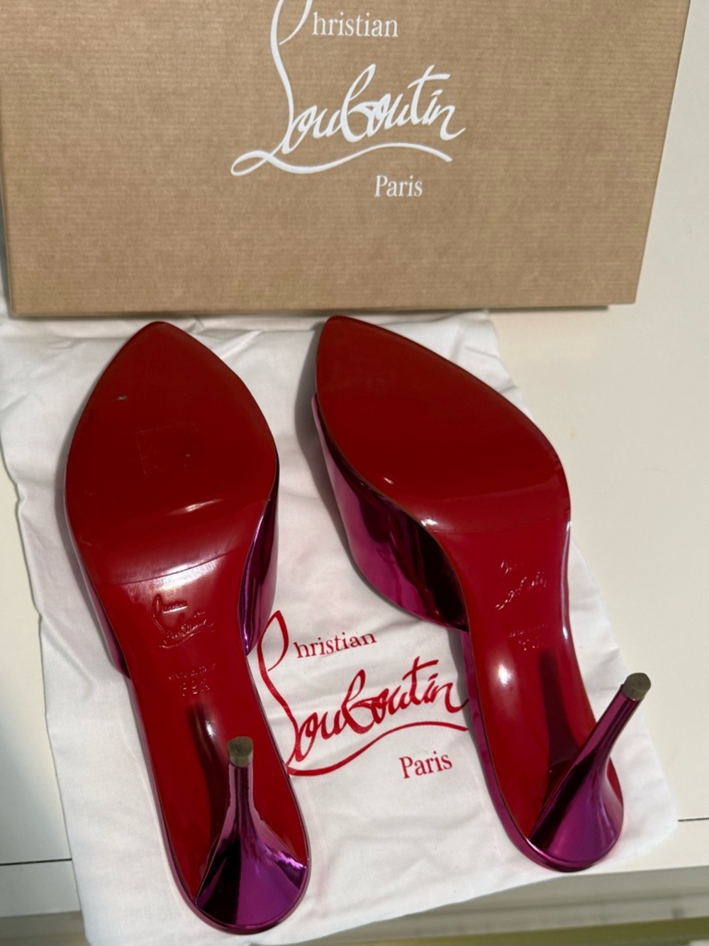Christian Louboutin Pink Metallic Mule Heels Red Sole Size 39.5 - Picture 5 of 5